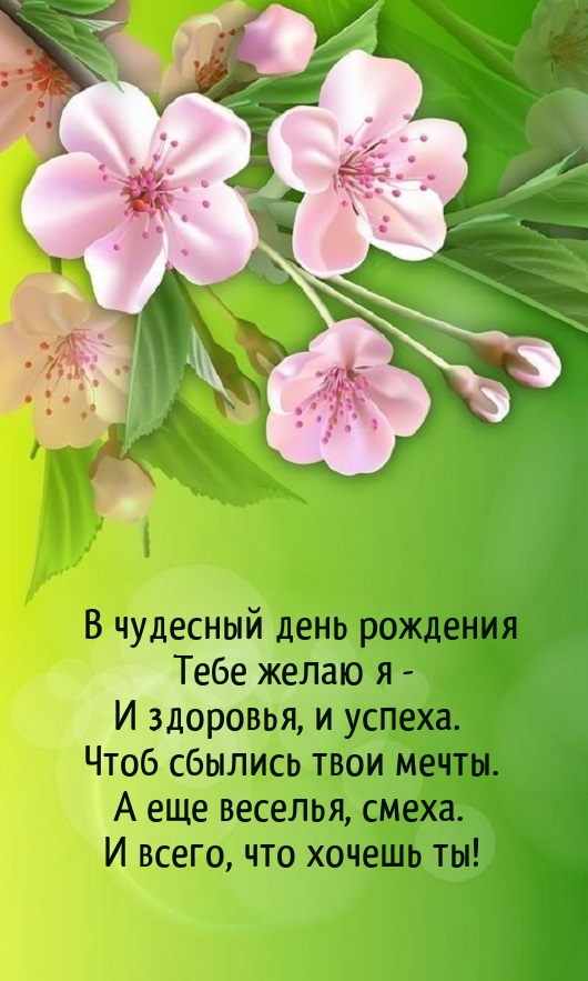 В чудесный день рождения Тебе желаю я - и здоровья, и успеха. 