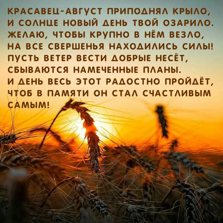 Красавец-август приподнял крыло, и солнце новый день твой озарило.