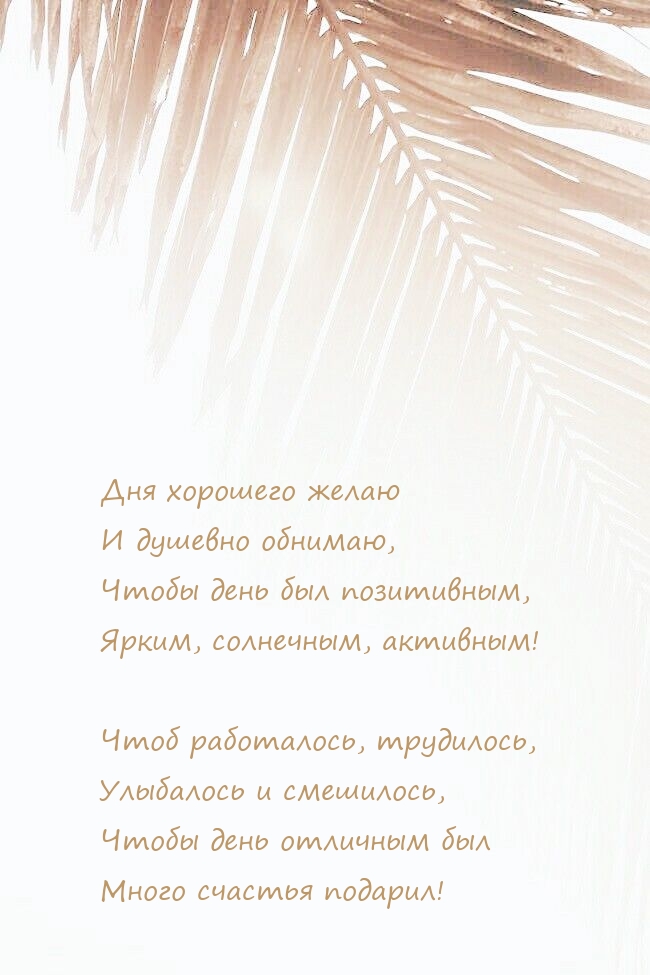 Дня хорошего желаю и душевно обнимаю, чтобы день был позитивным