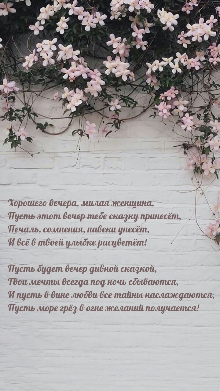 Хорошего вечера, милая женщина, пусть вечер тебе сказку принесёт