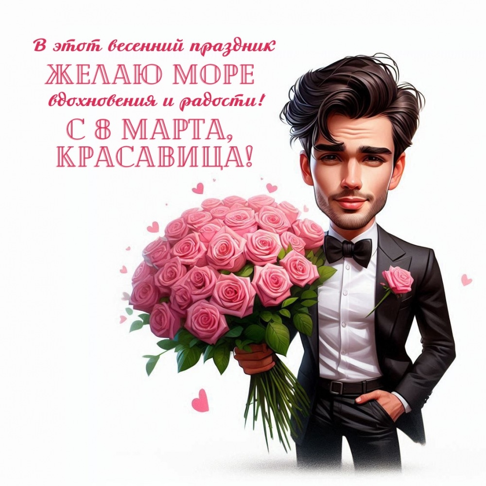 с 8 марта, красавица! Мужчина красавчик с цветами