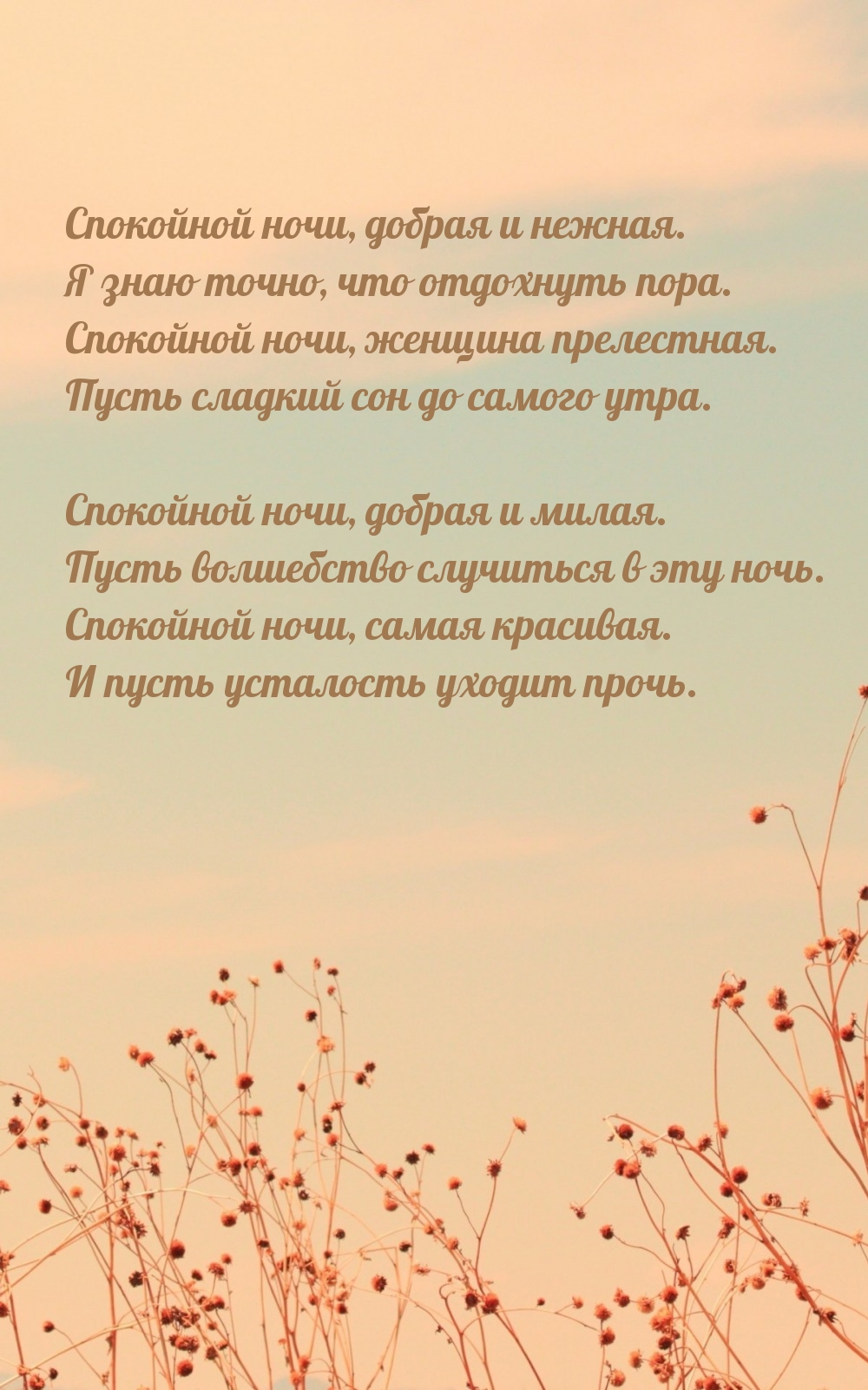 Спокойной ночи, добрая и нежная. Я знаю точно, что отдохнуть пора.