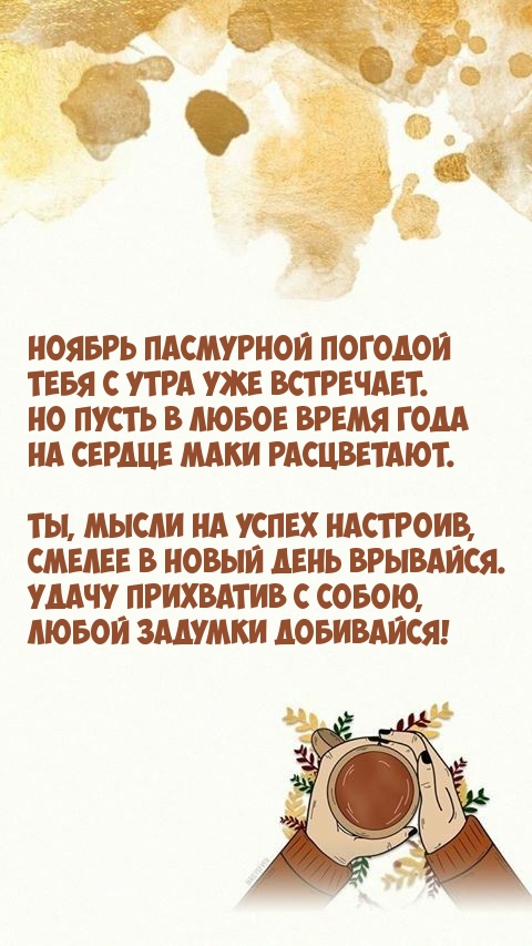 Ноябрь пасмурной погодой Тебя с утра уже встречает.