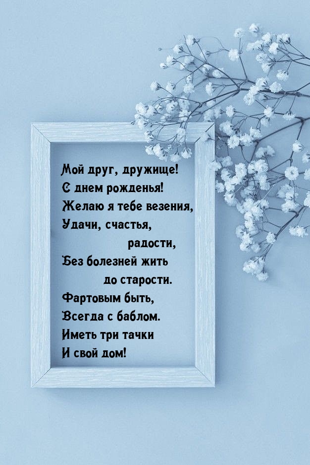 Мой друг, дружище! С днем рожденья! Желаю я тебе везения