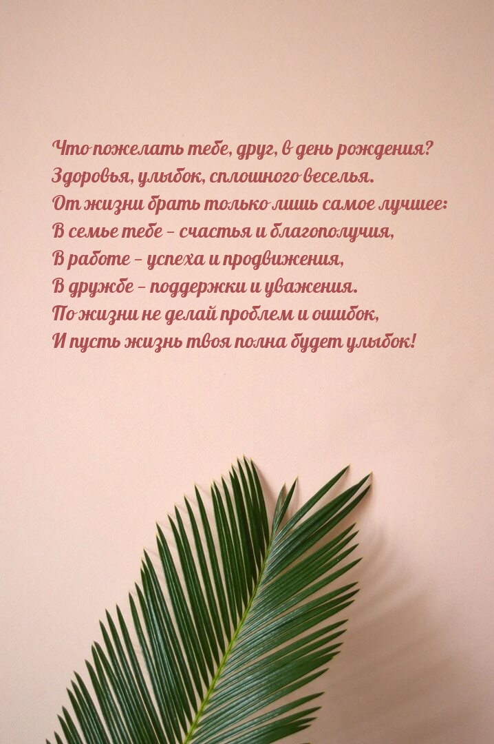 Что пожелать тебе, друг, в день рождения? Здоровья, улыбок 